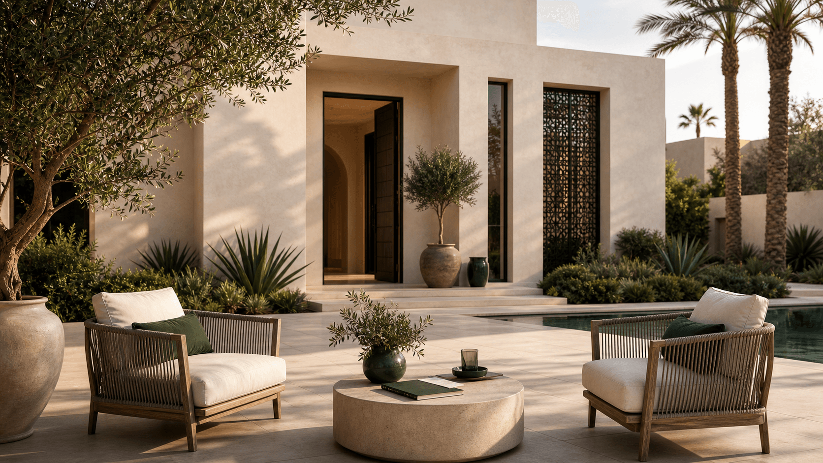 Entrée de villa contemporaine à Marrakech avec terrasse prête pour une consultation.