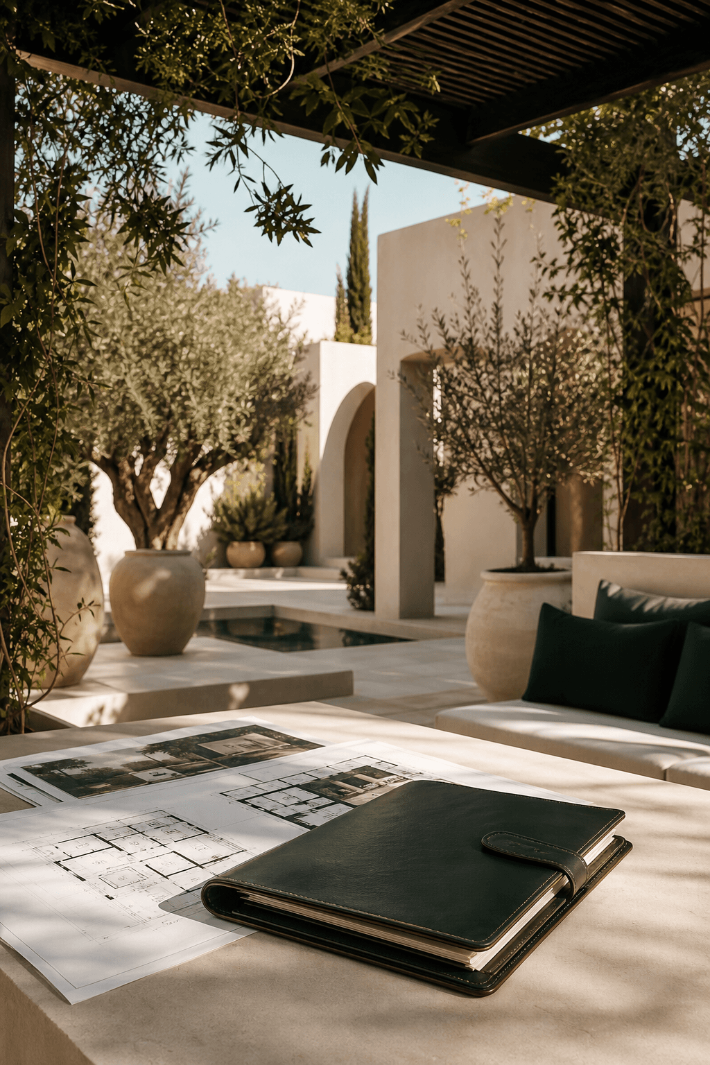 Cour de villa à Marrakech avec dossier de projet, plans et végétation méditerranéenne.