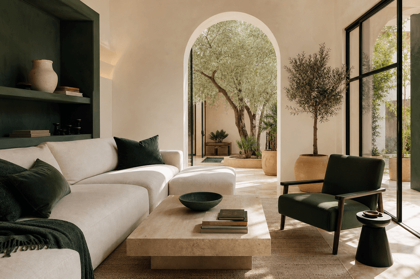 Séjour de villa contemporaine à Marrakech, murs clairs et accents verts.