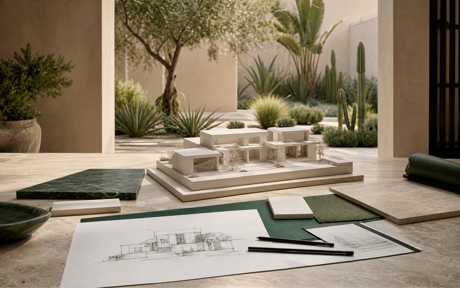 Maquette de villa, plans abstraits et échantillons de matériaux pour analyser un projet.