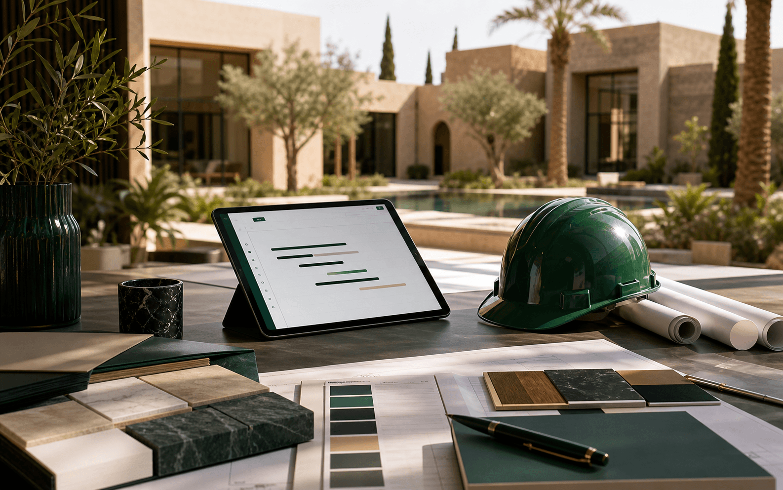 Table de coordination avec tablette, plans et échantillons de chantier.