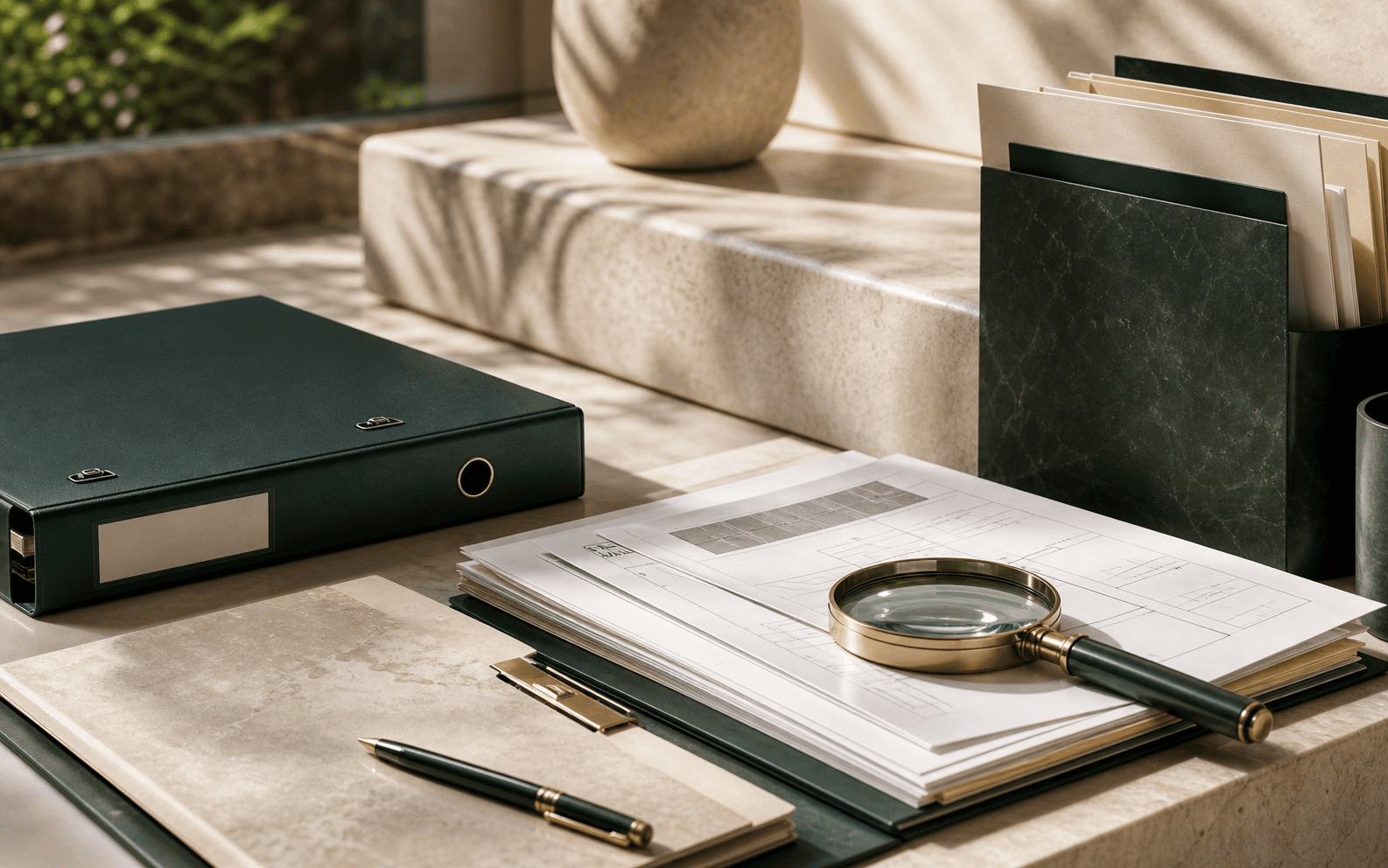 Dossiers contractuels, plans et loupe sur un bureau premium.
