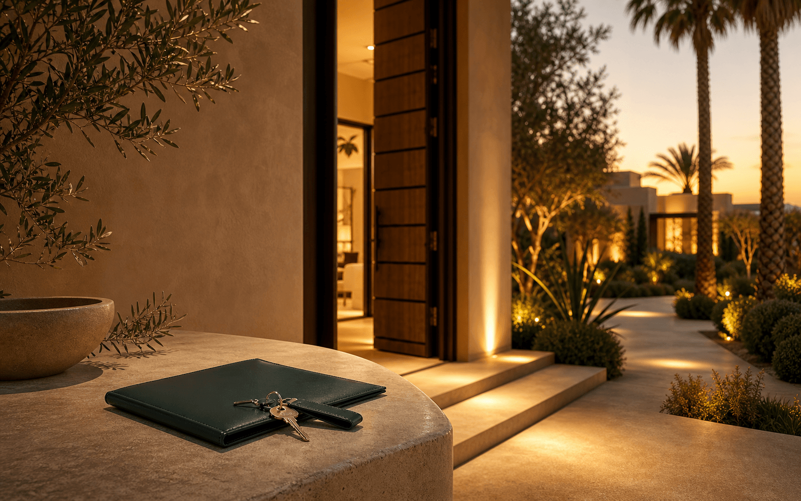 Entrée de villa à Marrakech avec dossier de livraison et clés.