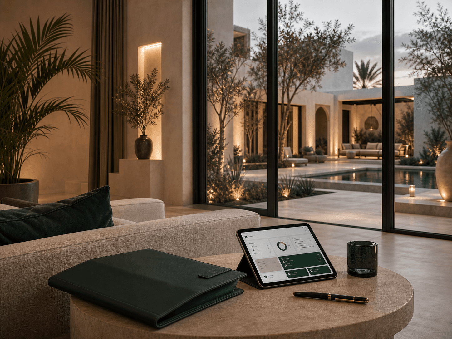 Séjour de villa à Marrakech avec dossier client et vue sur la piscine.